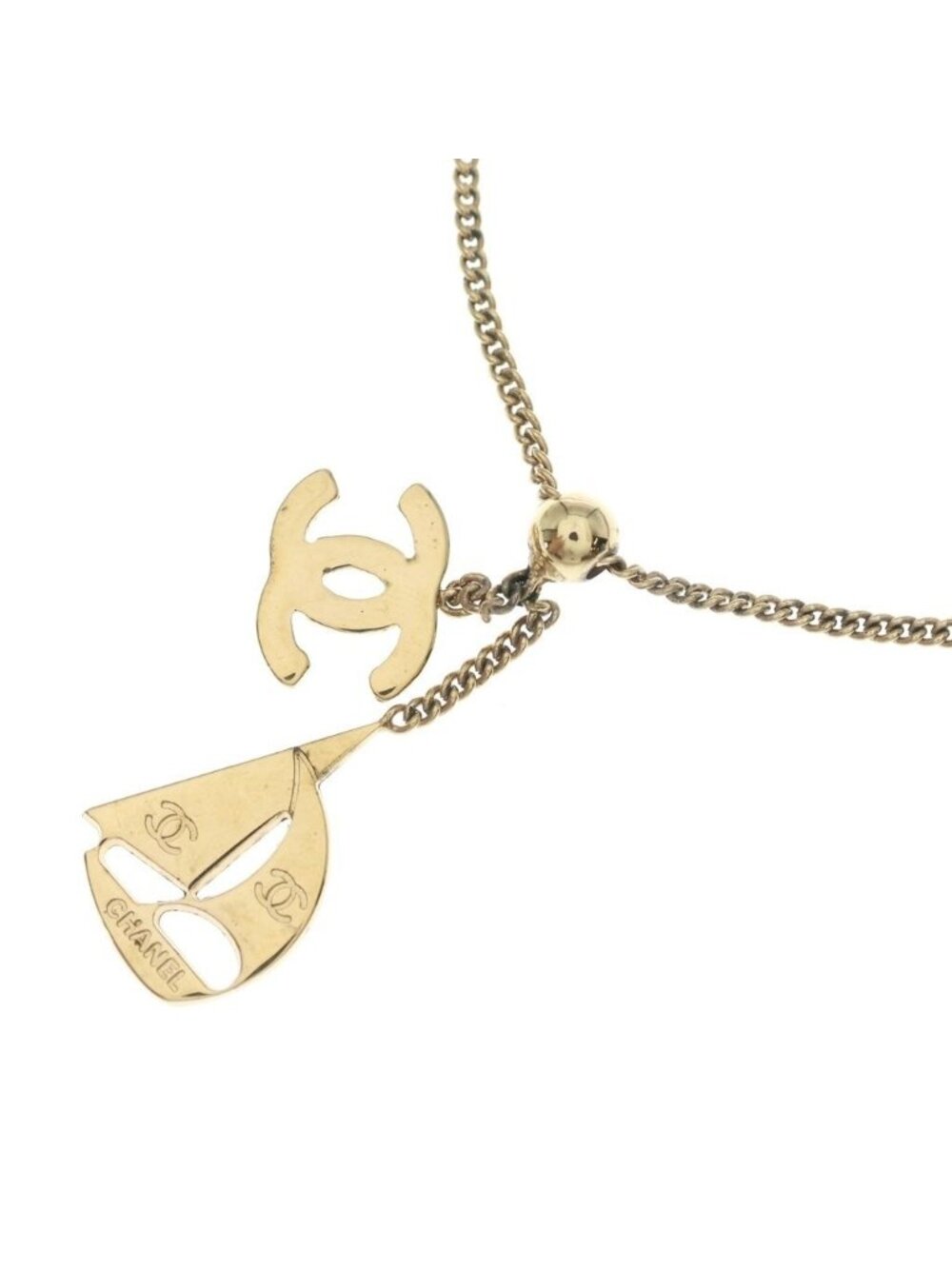 Chanel CC Logo Yacht Motif Pendant Chain Gold Necklace